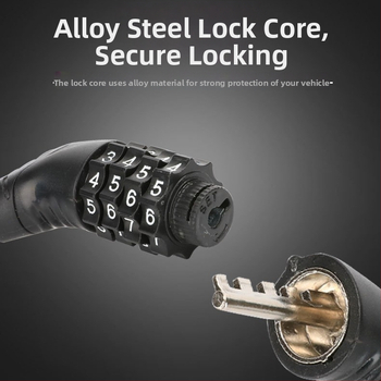 Zámok s kódom s oceľovým káblom pre bicykel a elektrický bicykel, kompaktný anti‑krádežný zámok; kód 4 alebo 5 čísiel, hmotnosť 200 g, materiály ABS/PVC/oceľový kábel/zinková zliatina; moderný minimalistický štýl