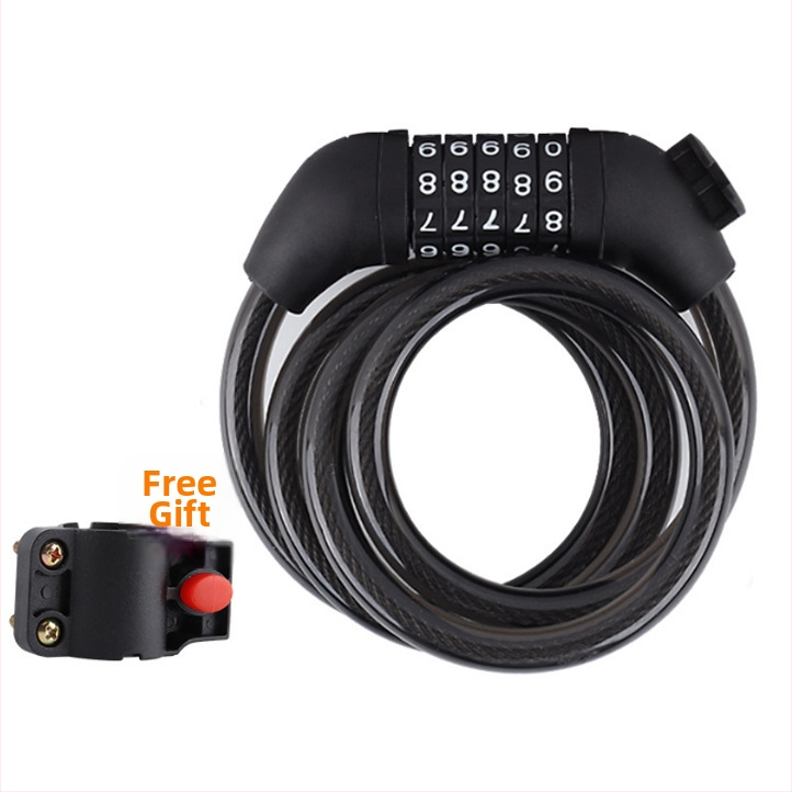 Zámok s kódom s oceľovým káblom pre bicykel a elektrický bicykel, kompaktný anti‑krádežný zámok; kód 4 alebo 5 čísiel, hmotnosť 200 g, materiály ABS/PVC/oceľový kábel/zinková zliatina; moderný minimalistický štýl