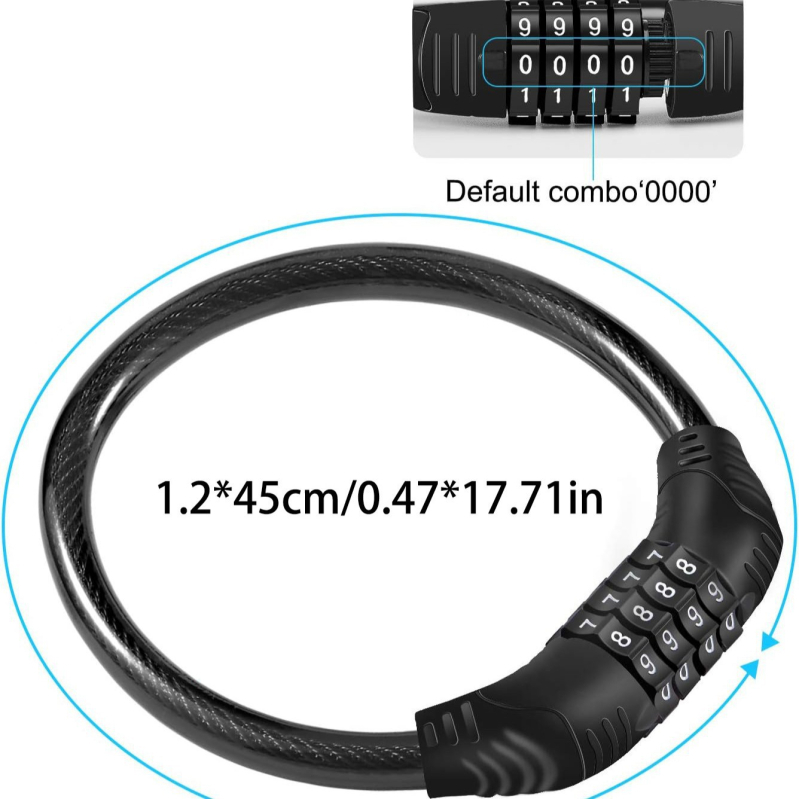 Zámok s kódom s oceľovým káblom pre bicykel a elektrický bicykel, kompaktný anti‑krádežný zámok; kód 4 alebo 5 čísiel, hmotnosť 200 g, materiály ABS/PVC/oceľový kábel/zinková zliatina; moderný minimalistický štýl