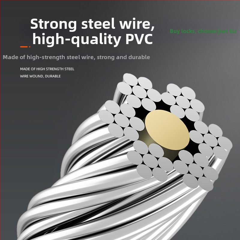 Zámok s kódom s oceľovým káblom pre bicykel a elektrický bicykel, kompaktný anti‑krádežný zámok; kód 4 alebo 5 čísiel, hmotnosť 200 g, materiály ABS/PVC/oceľový kábel/zinková zliatina; moderný minimalistický štýl