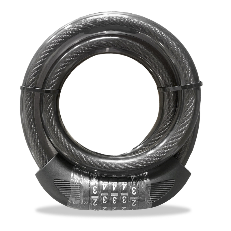 Zámok s kódom s oceľovým káblom pre bicykel a elektrický bicykel, kompaktný anti‑krádežný zámok; kód 4 alebo 5 čísiel, hmotnosť 200 g, materiály ABS/PVC/oceľový kábel/zinková zliatina; moderný minimalistický štýl