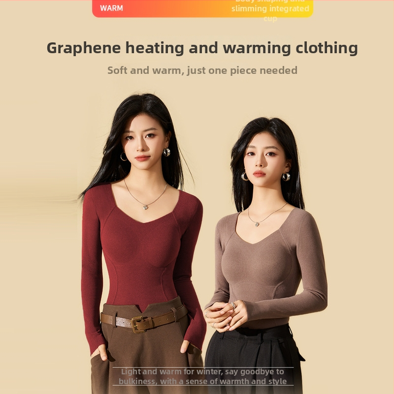 Dámske vyhrievacie termálne spodné prádlo s integrovanými vankúšikmi na prsia, all-in-one s dlhými rukávmi, dvojitá vrstva, hrubý akrylový materiál