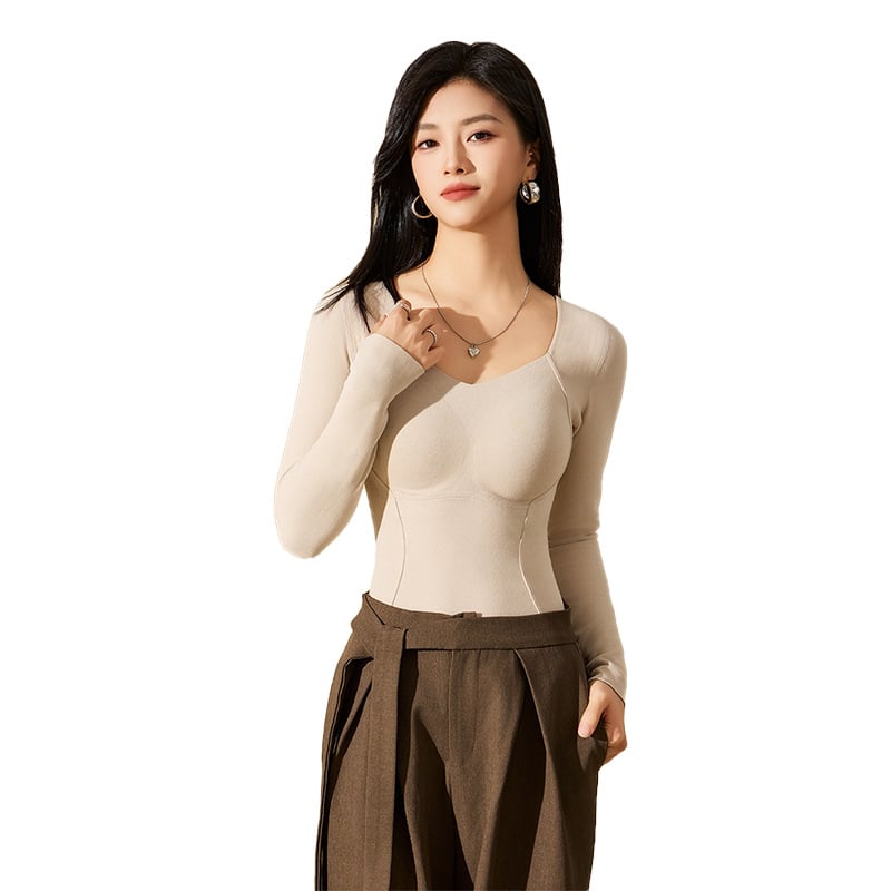 Dámske vyhrievacie termálne spodné prádlo s integrovanými vankúšikmi na prsia, all-in-one s dlhými rukávmi, dvojitá vrstva, hrubý akrylový materiál