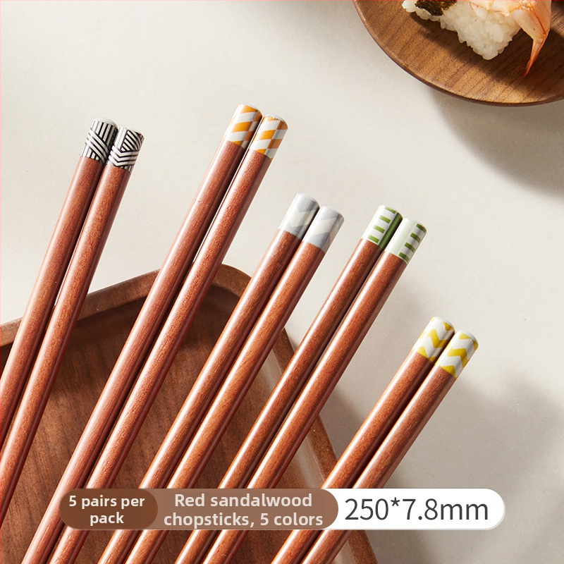 Paličky na jedlo z červenej santalovej dreva, moderný minimalistický štýl, 5 párov, ručne vyrobené, zrkadlový lesk