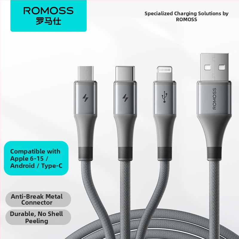 Romoss duomenų laidas Mini USB, ilgis 1–2 m, padalintuvas 1 į 3, pynėtas laidas, greitas įkrovimas iki 3,5 A