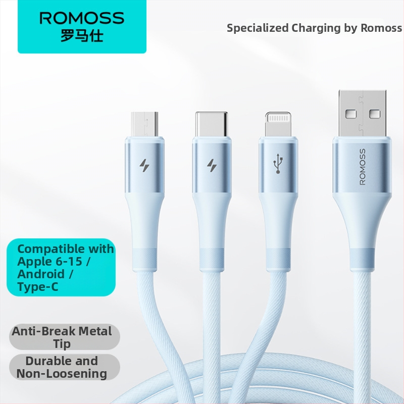 Romoss duomenų laidas Mini USB, ilgis 1–2 m, padalintuvas 1 į 3, pynėtas laidas, greitas įkrovimas iki 3,5 A
