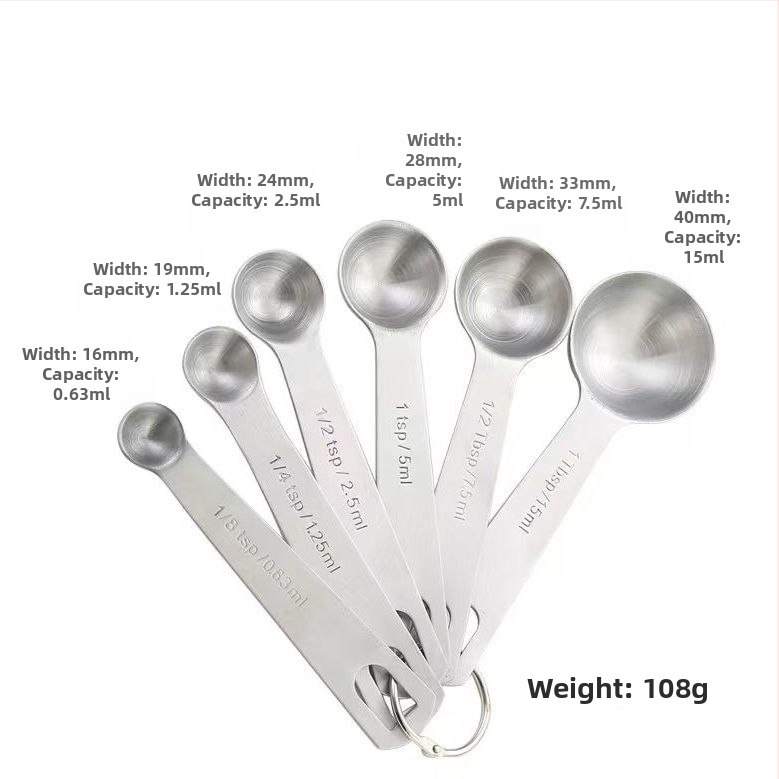 6-dielny set meracích lyžíc z nerezovej ocele s graduovaným meraním, 430 nerezová oceľ, moderný minimalistický kuchynský nástroj
