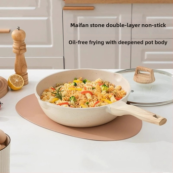 Wok z hliníkovej zliatiny s Maifan kameňovým spodkom, ploché dno, nepriľnavý povrch, veko z tvrdeného skla, kompatibilný s indukčnou a plynovou varnou doskou (MJ-XCG101)