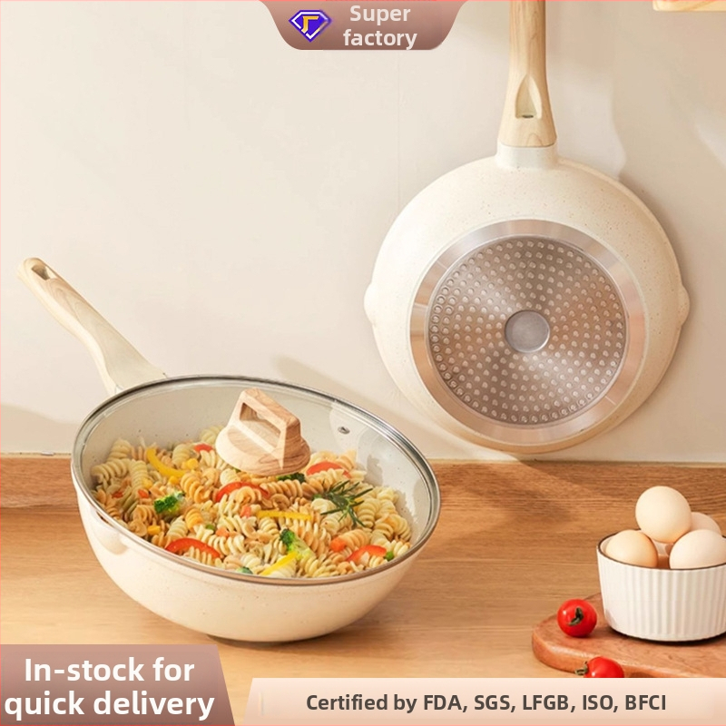 Wok z hliníkovej zliatiny s Maifan kameňovým spodkom, ploché dno, nepriľnavý povrch, veko z tvrdeného skla, kompatibilný s indukčnou a plynovou varnou doskou (MJ-XCG101)