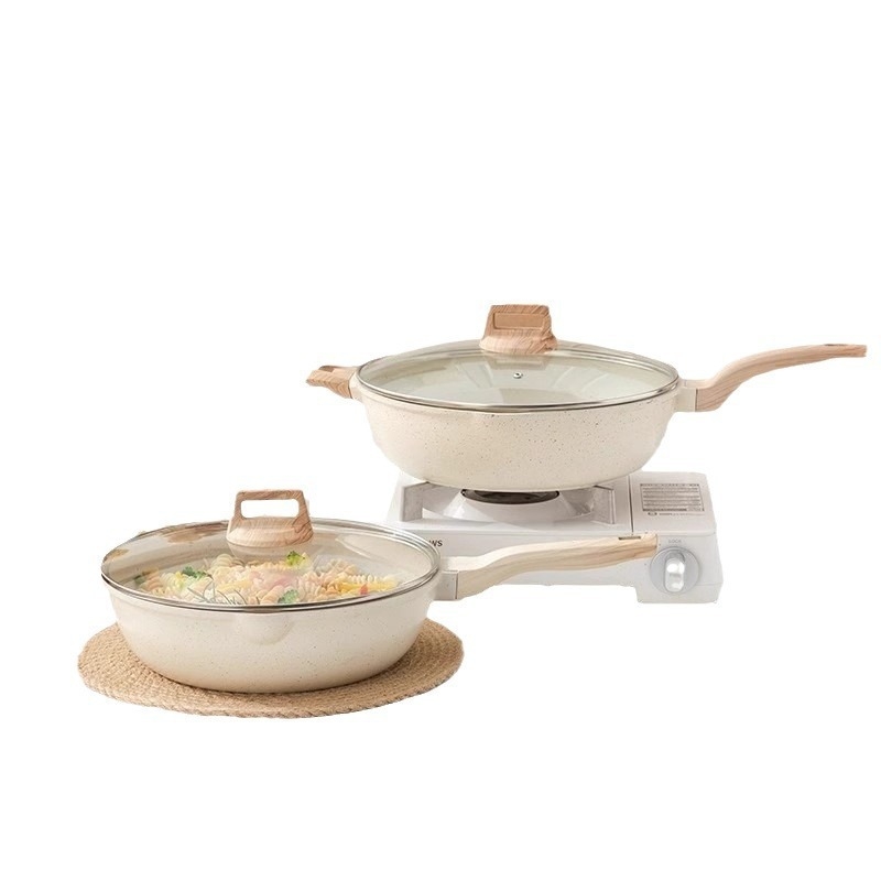 Wok z hliníkovej zliatiny s Maifan kameňovým spodkom, ploché dno, nepriľnavý povrch, veko z tvrdeného skla, kompatibilný s indukčnou a plynovou varnou doskou (MJ-XCG101)