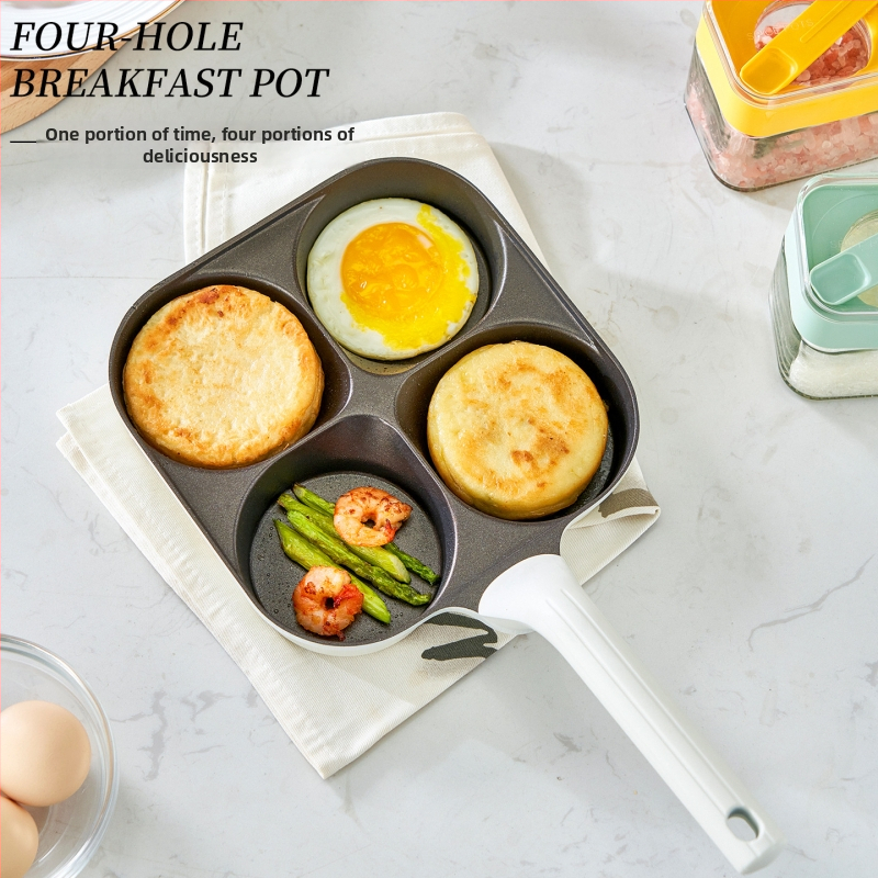 Keturių skylių kiaušinių keptuvė su titano keramikos neprilimpančia danga, aliuminio lydinys, daugiasluoksnis dugnas