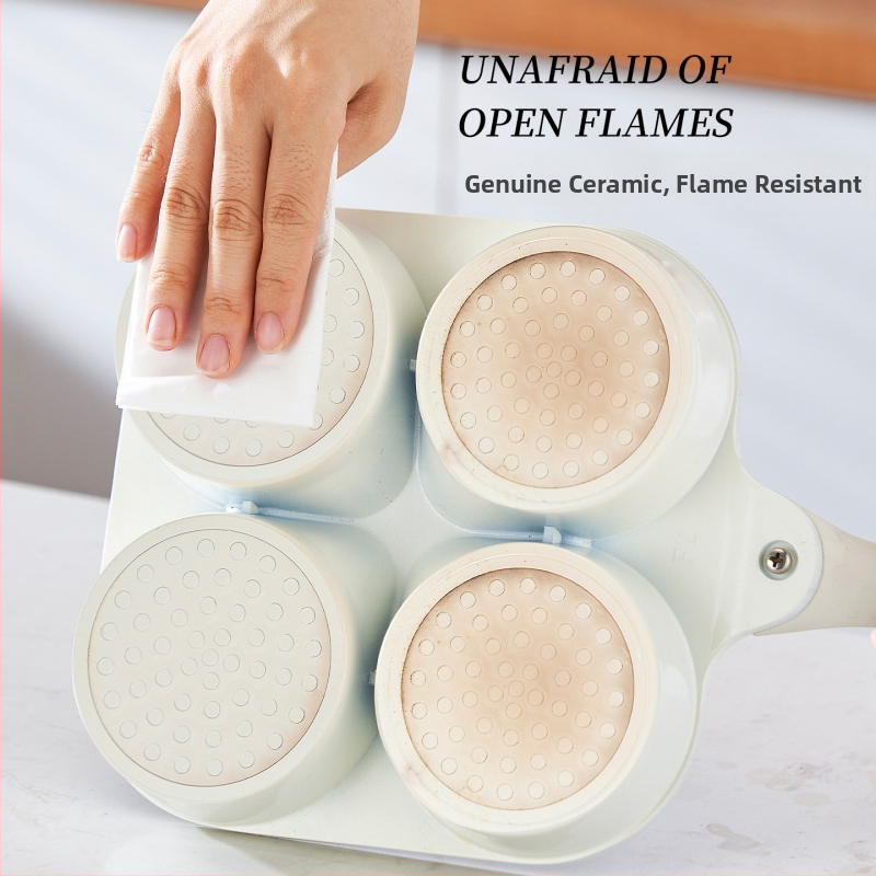 Keturių skylių kiaušinių keptuvė su titano keramikos neprilimpančia danga, aliuminio lydinys, daugiasluoksnis dugnas