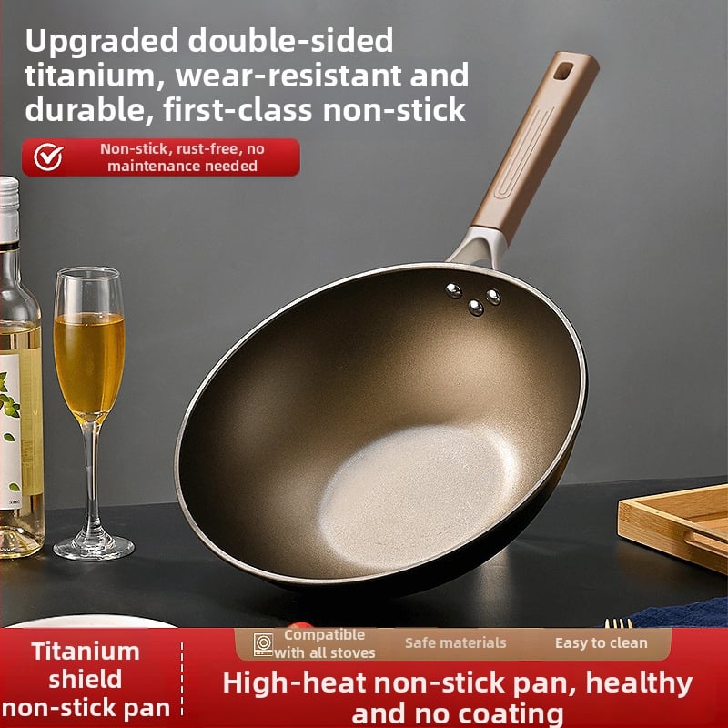 Dvojstranný titánový wok, titánový kryštál, nepriľnavý povrch, sklenené veko, univerzálne varenie