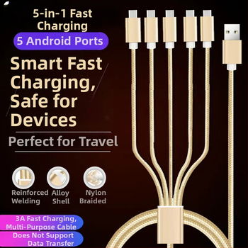 Πολυκεφαλικό καλώδιο δεδομένων και φόρτισης, διακλάδωση 1 προς 5, γρήγορη φόρτιση, μέγιστη ισχύς 15W, συνδεσμοί Lightning, Micro USB και USB-C, πλεγμένο καλώδιο