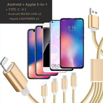 Πολυκεφαλικό καλώδιο δεδομένων και φόρτισης, διακλάδωση 1 προς 5, γρήγορη φόρτιση, μέγιστη ισχύς 15W, συνδεσμοί Lightning, Micro USB και USB-C, πλεγμένο καλώδιο