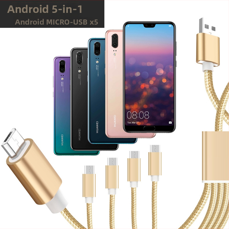 Πολυκεφαλικό καλώδιο δεδομένων και φόρτισης, διακλάδωση 1 προς 5, γρήγορη φόρτιση, μέγιστη ισχύς 15W, συνδεσμοί Lightning, Micro USB και USB-C, πλεγμένο καλώδιο