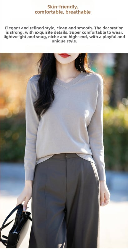 Памучен пуловер с V-образно деколте, дълги ръкави, едноцветен, регулярна кройка