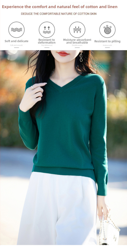 Памучен пуловер с V-образно деколте, дълги ръкави, едноцветен, регулярна кройка