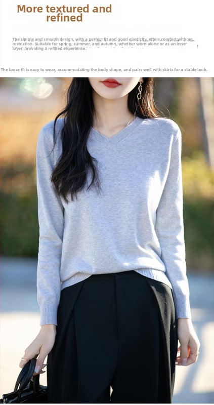 Памучен пуловер с V-образно деколте, дълги ръкави, едноцветен, регулярна кройка