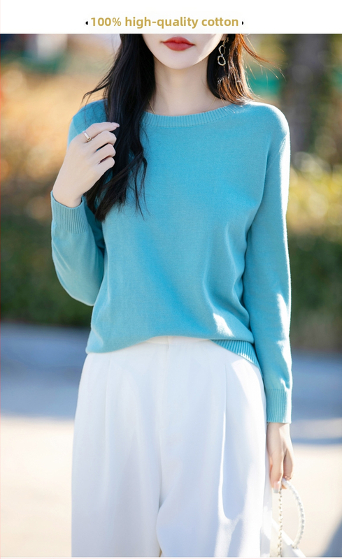 Памучен пуловер с V-образно деколте, дълги ръкави, едноцветен, регулярна кройка