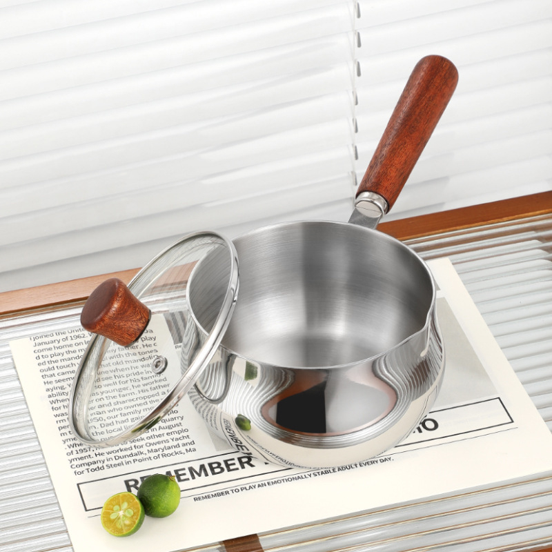 Mliečna kanvica z 304 nerezovej ocele, proti pripáleniu, sklenená pokrievka, viacvrstvové dno, moderný minimalistický štýl