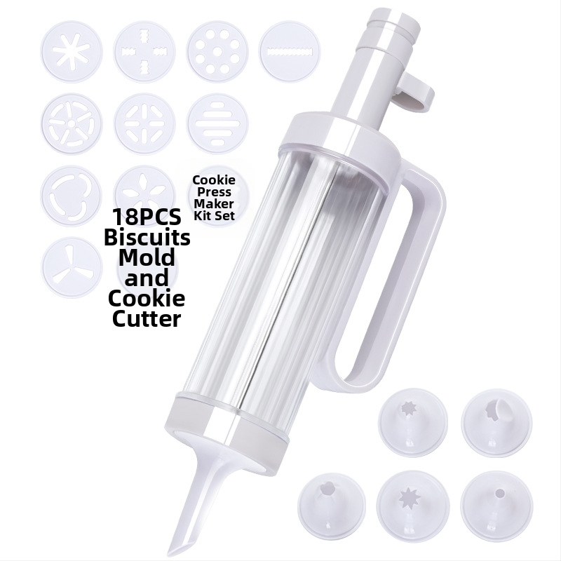 Dekoravimo pistoleto rinkinys sausainiams ir keksiukams, antgaliai ir maišelis, PS+PP medžiaga, pilnas kepimo dekoravimo komplektas