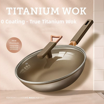 Nerezová oceľ wok s titanovým povlakom, nepriľnavé, sklenená pokrievka, jednovrstvový spodok, hĺbka 9 cm