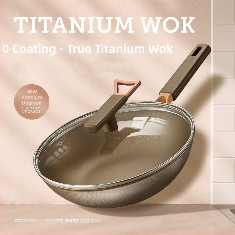 Nerezová oceľ wok s titanovým povlakom, nepriľnavé, sklenená pokrievka, jednovrstvový spodok, hĺbka 9 cm