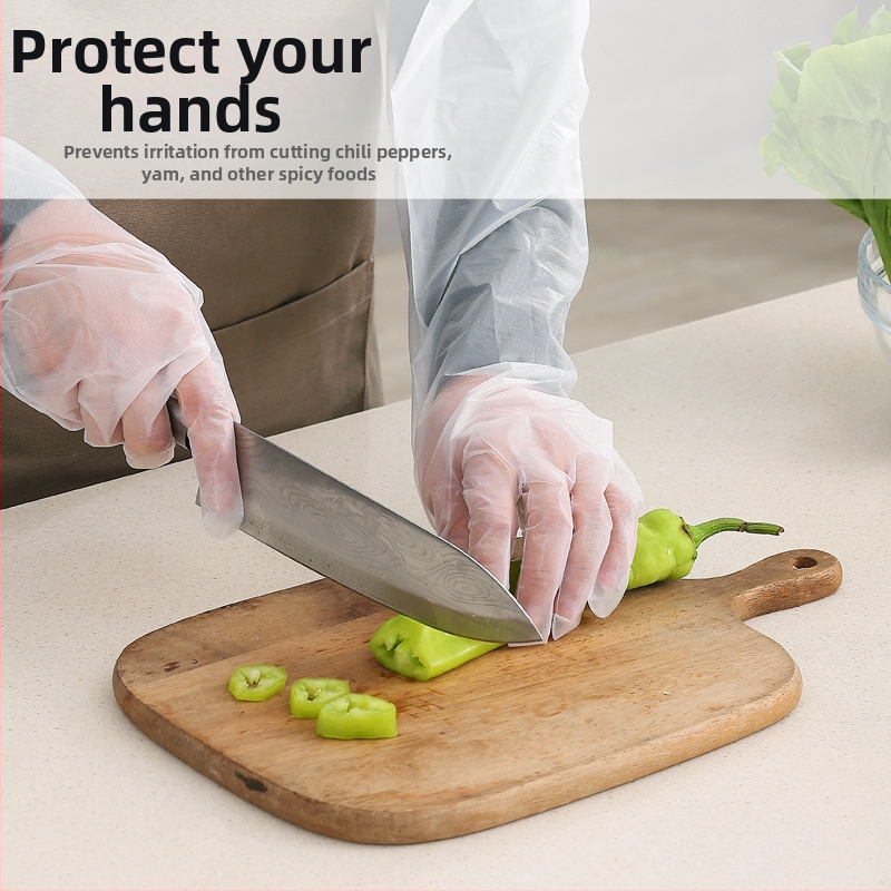 Vienreizējās CPE garās rokas cimdi, pretslīdēšana, biezums 0,7 mm, vienkāršs raksts, derīguma termiņš 2 gadi