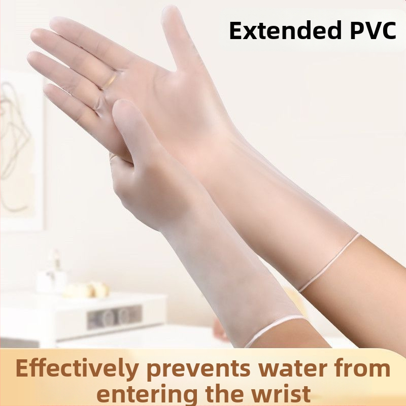 Vienreizējās PVC garās cimdi, ūdensizturīgi, eļļas izturīgi, pretslīdoši, saderīgi ar skārienjutīgajiem ekrāniem, 6.5 denier