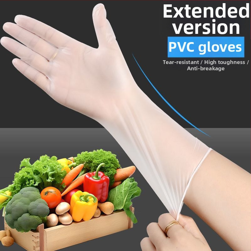 Vienreizējās PVC garās cimdi, ūdensizturīgi, eļļas izturīgi, pretslīdoši, saderīgi ar skārienjutīgajiem ekrāniem, 6.5 denier