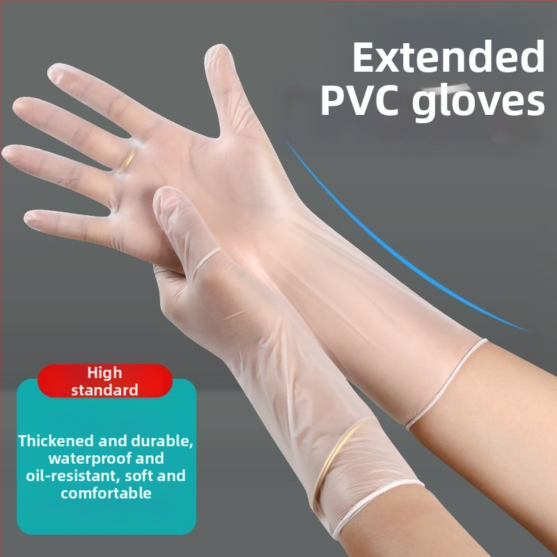 Vienreizējās PVC garās cimdi, ūdensizturīgi, eļļas izturīgi, pretslīdoši, saderīgi ar skārienjutīgajiem ekrāniem, 6.5 denier