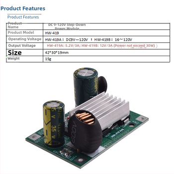 Modul buck DC Zhichuang, intrare largă 9–120V, ieșire 5V/12V, până la 3A
