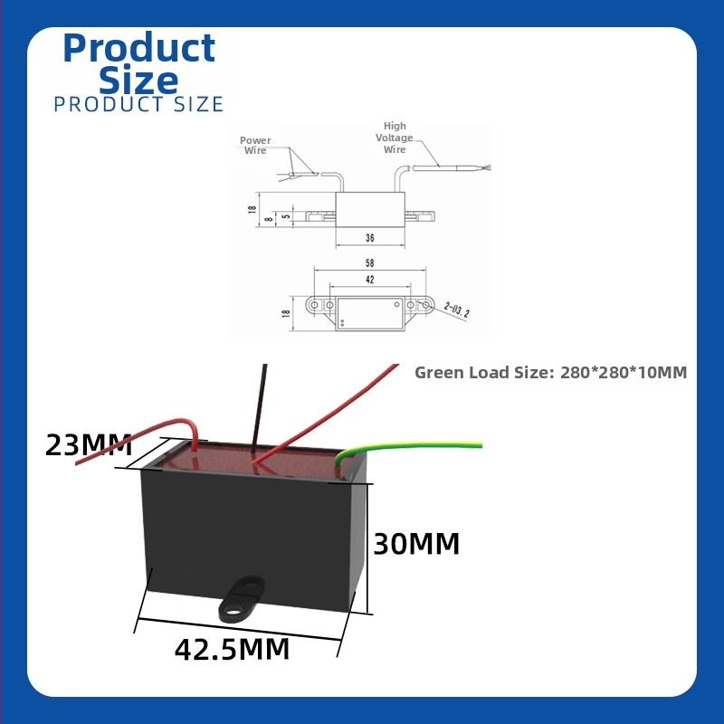 Plazminis generatorius - Sterilizavimas ir oro valymas, Modelis TFB-Y78DJ4; Maitinimo modulio dydis 42.5×23×30 mm; Žaliojo įkrovimo dydis 280×280×10 mm