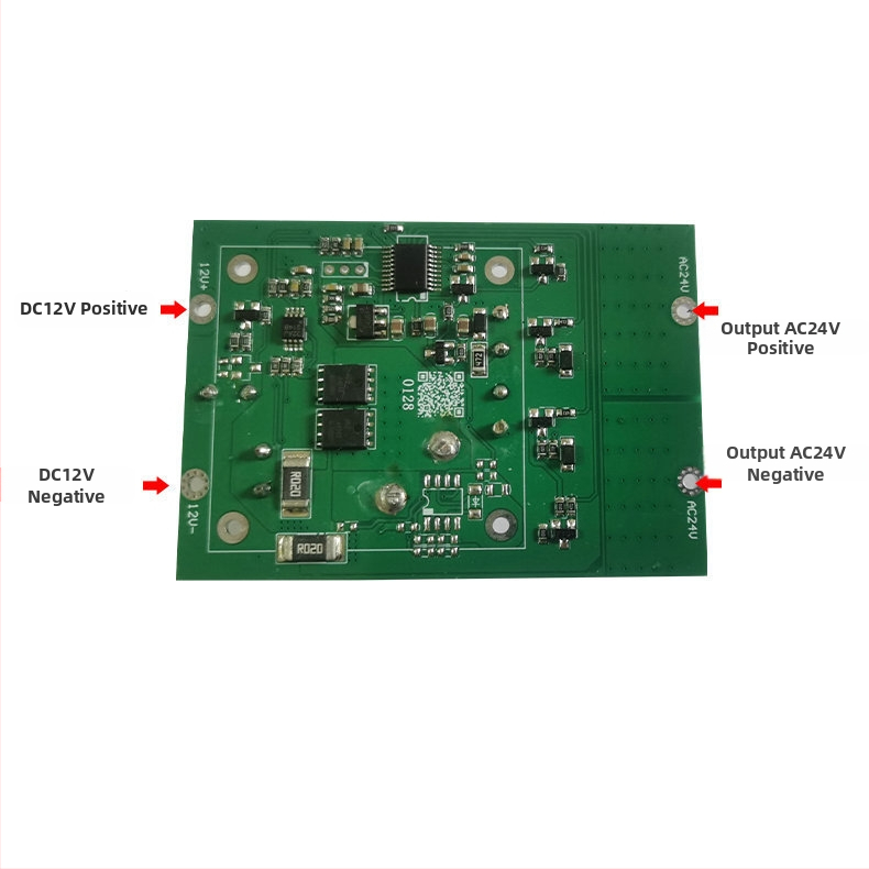 DC uz AC 24V invertora plate uzraudzības kamerai — ieeja 9-24V, izeja AC24V 3A, paaugstināšanas moduļi 9V→24V 5A, 24V→36V 5A