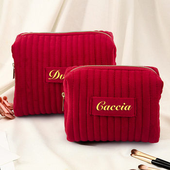 Zamatová kozmetická taška s vyšitými pruhmi – 3D, odolná voči deformácii, priedušná podšívka z polyesteru