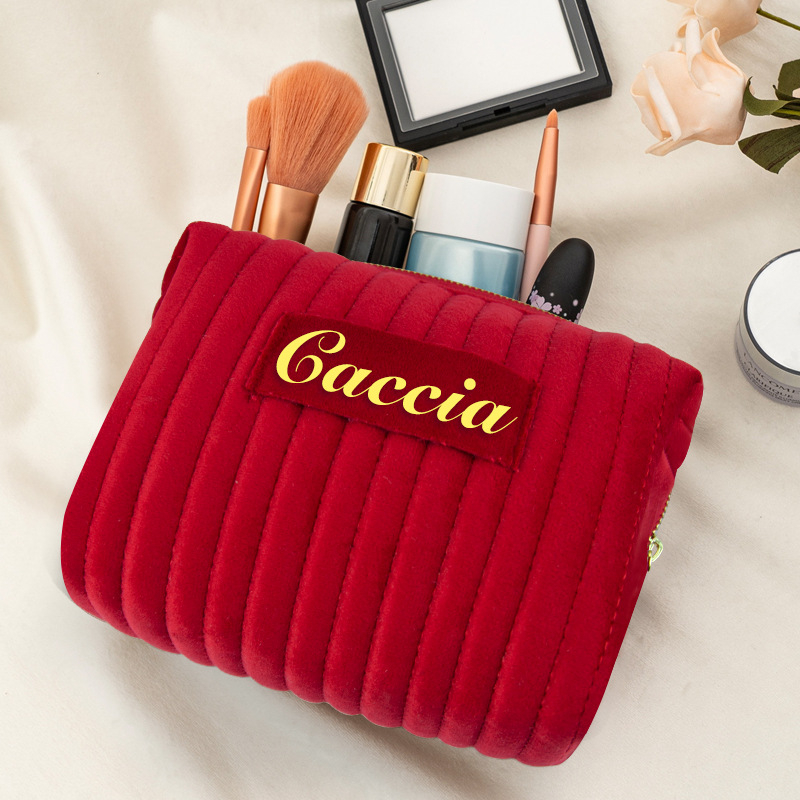 Zamatová kozmetická taška s vyšitými pruhmi – 3D, odolná voči deformácii, priedušná podšívka z polyesteru