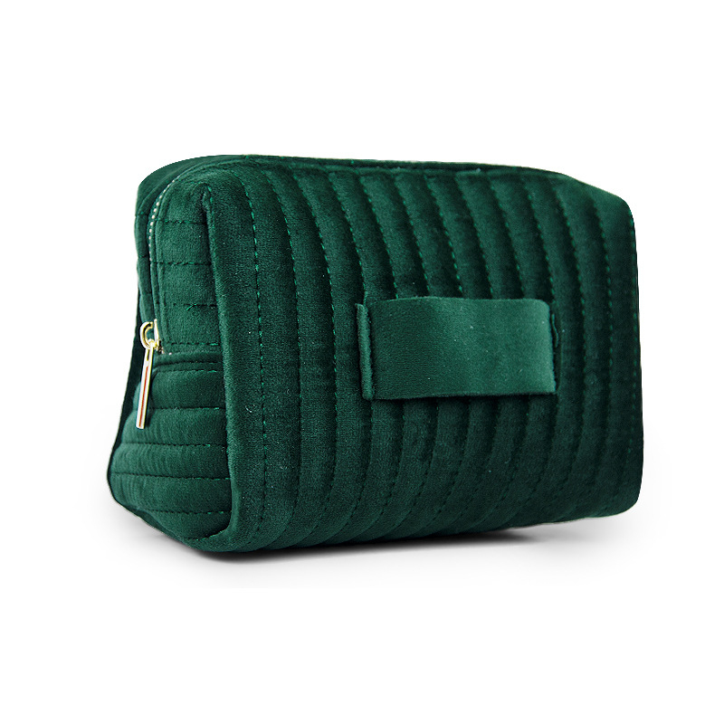 Zamatová kozmetická taška s vyšitými pruhmi – 3D, odolná voči deformácii, priedušná podšívka z polyesteru