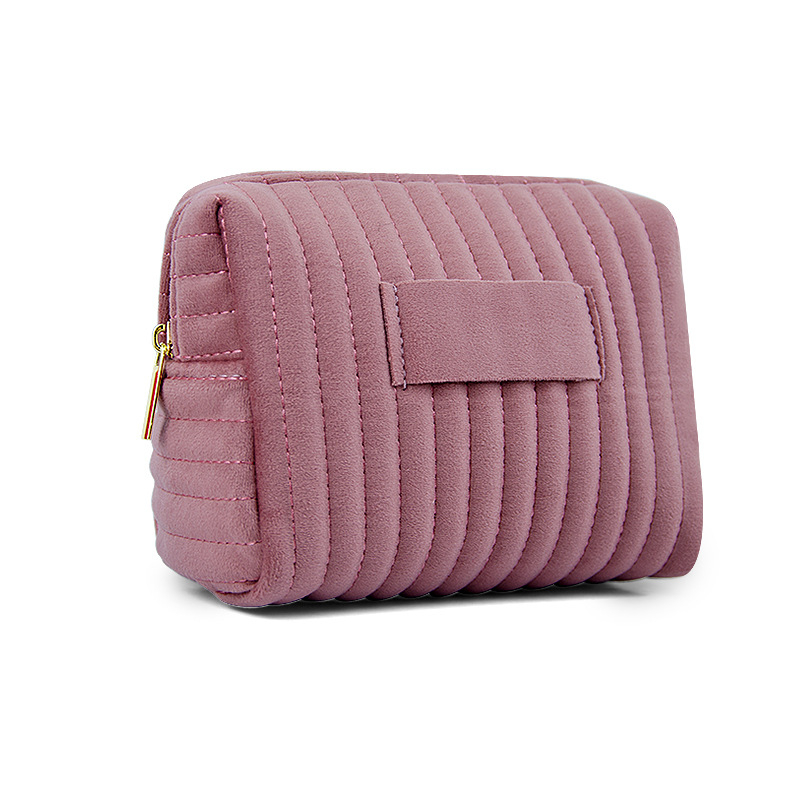 Zamatová kozmetická taška s vyšitými pruhmi – 3D, odolná voči deformácii, priedušná podšívka z polyesteru