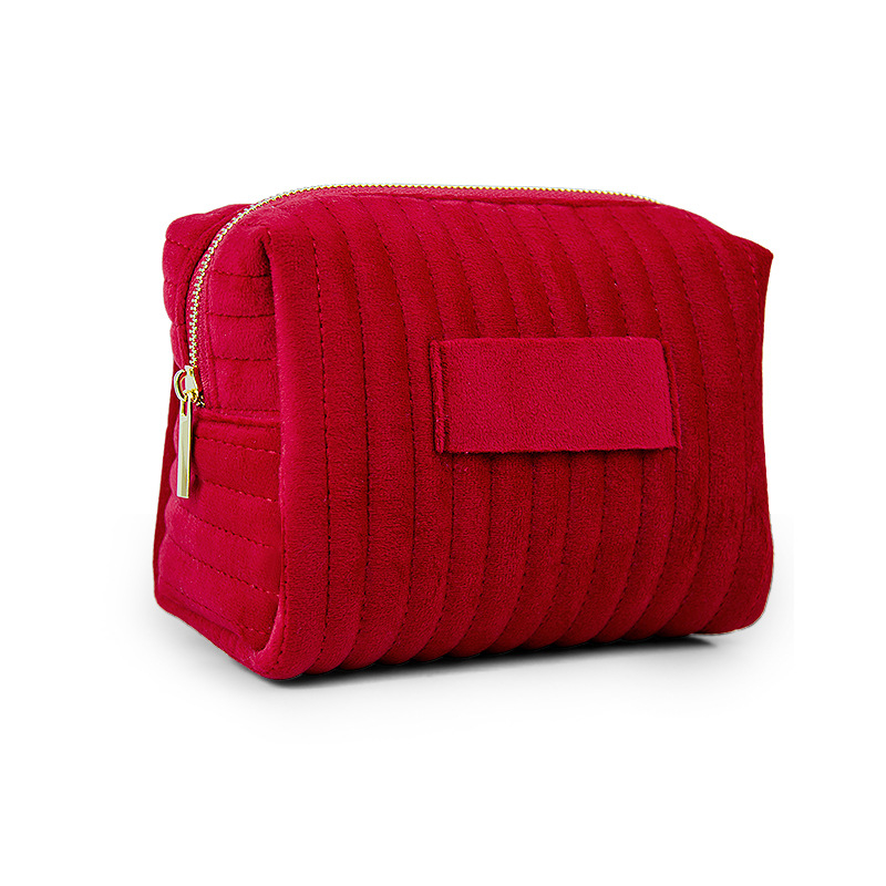 Zamatová kozmetická taška s vyšitými pruhmi – 3D, odolná voči deformácii, priedušná podšívka z polyesteru