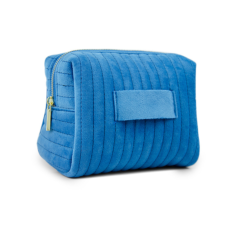 Zamatová kozmetická taška s vyšitými pruhmi – 3D, odolná voči deformácii, priedušná podšívka z polyesteru