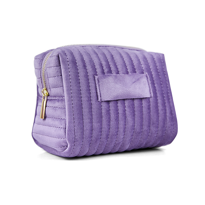 Zamatová kozmetická taška s vyšitými pruhmi – 3D, odolná voči deformácii, priedušná podšívka z polyesteru