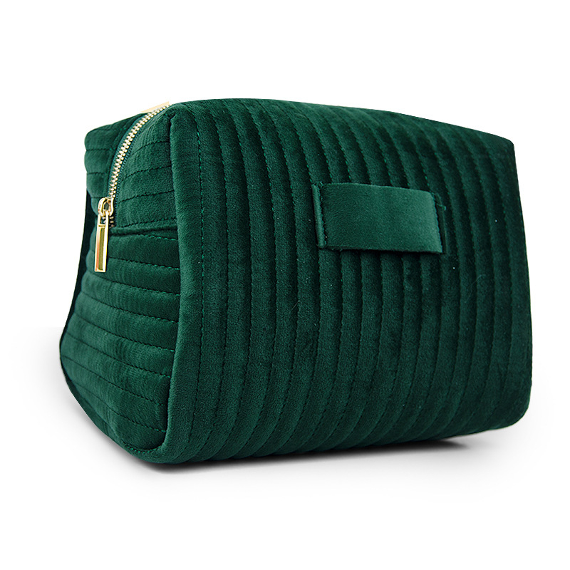 Zamatová kozmetická taška s vyšitými pruhmi – 3D, odolná voči deformácii, priedušná podšívka z polyesteru