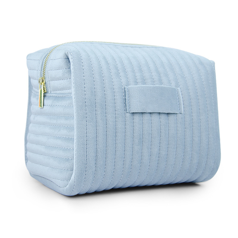 Zamatová kozmetická taška s vyšitými pruhmi – 3D, odolná voči deformácii, priedušná podšívka z polyesteru