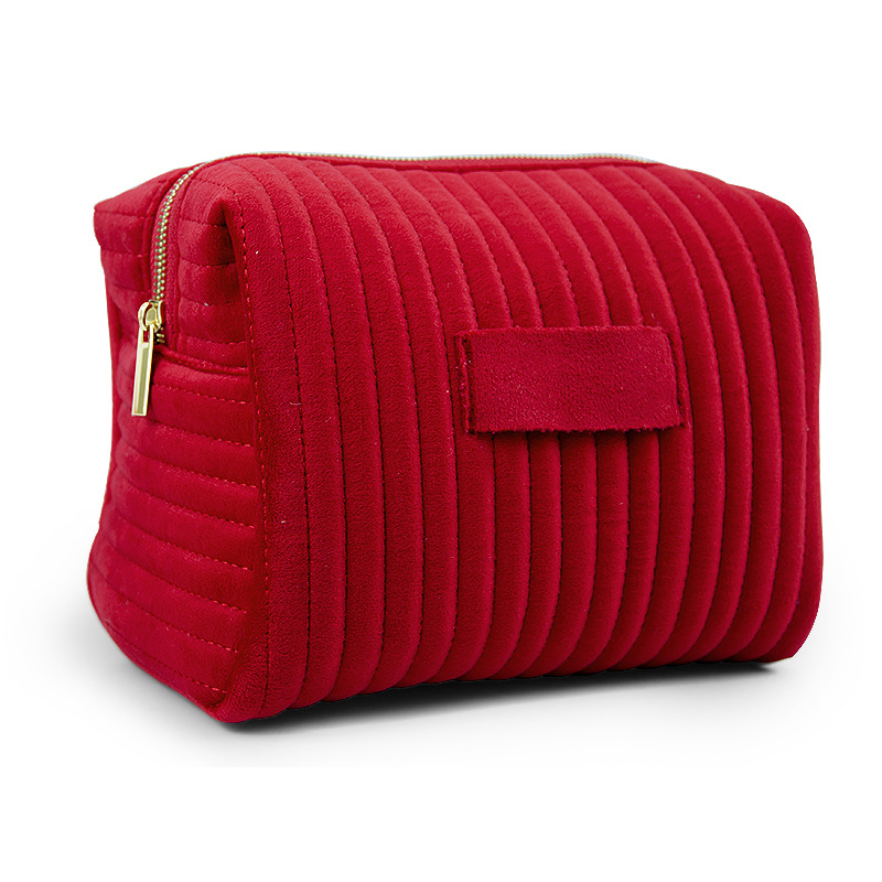 Zamatová kozmetická taška s vyšitými pruhmi – 3D, odolná voči deformácii, priedušná podšívka z polyesteru