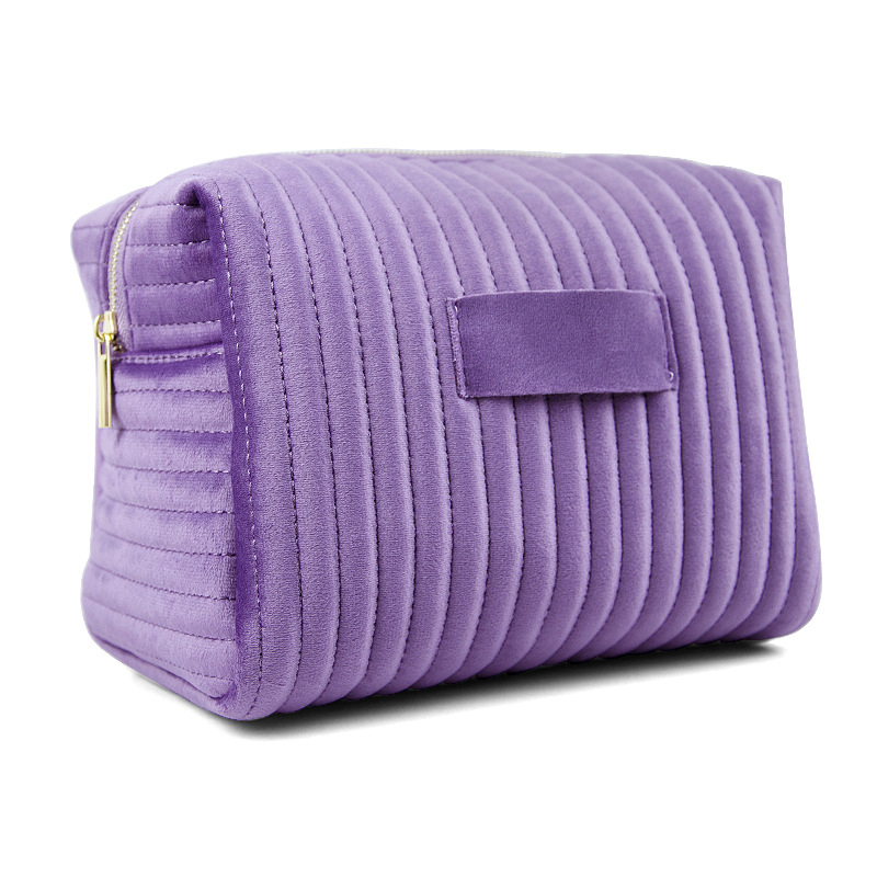 Zamatová kozmetická taška s vyšitými pruhmi – 3D, odolná voči deformácii, priedušná podšívka z polyesteru