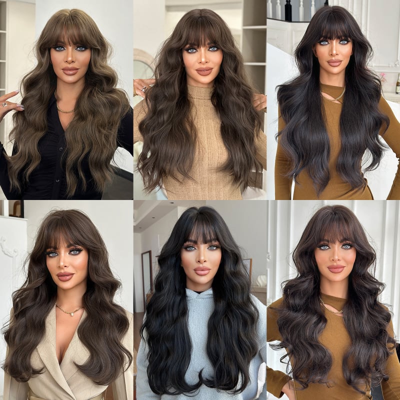 Syntetická dlhá parochňa s ofinou pre ženy – ľahko nositeľná, realistická textúra, farbenie a trvalé kučeravenie povolené