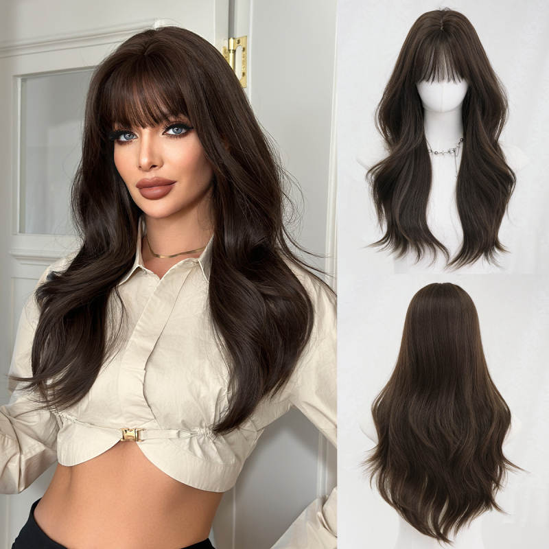 Syntetická dlhá parochňa s ofinou pre ženy – ľahko nositeľná, realistická textúra, farbenie a trvalé kučeravenie povolené