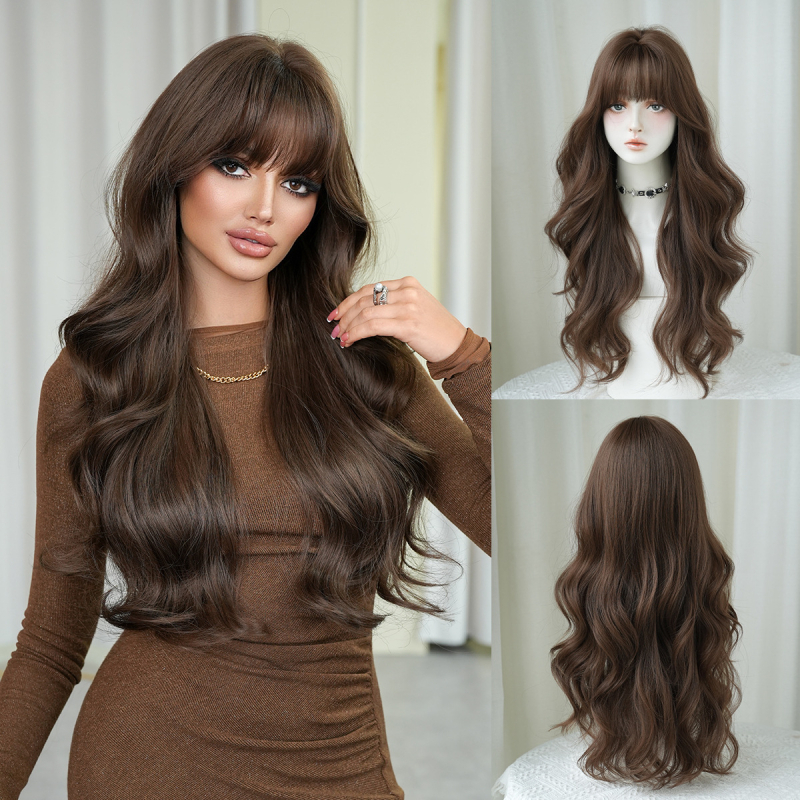 Syntetická dlhá parochňa s ofinou pre ženy – ľahko nositeľná, realistická textúra, farbenie a trvalé kučeravenie povolené