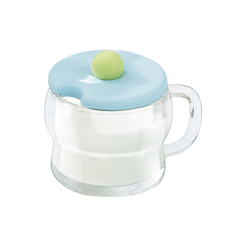 Pahar de mic dejun din sticlă cu capac și linguriță, cu mâner, formă neregulată, sticlă soda-lime, 540 g